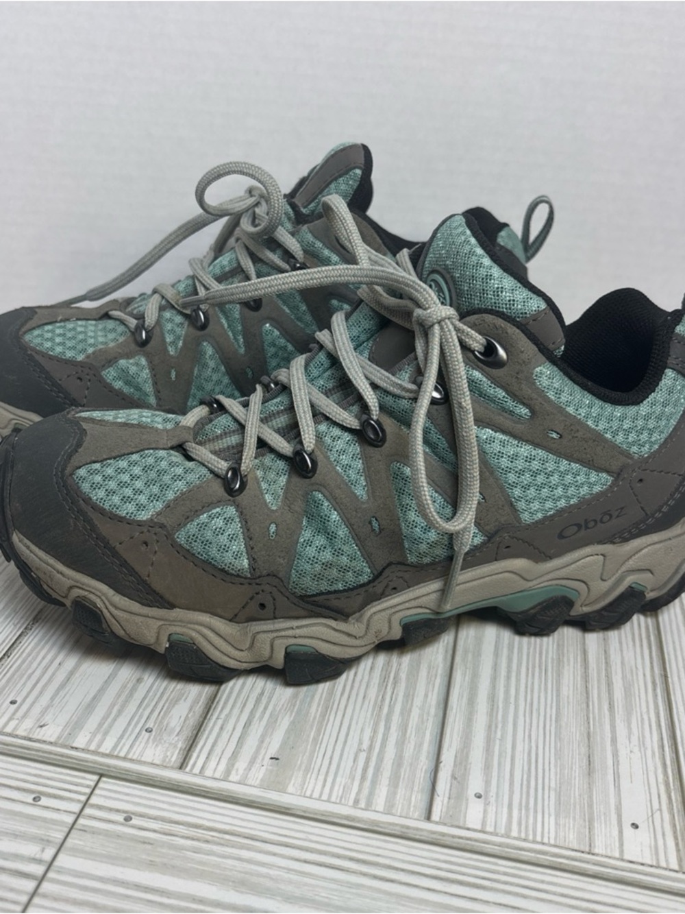 Oboz Low Hiking Shoes Grey Aqua Blue Outdoor Womens Size 6.5
